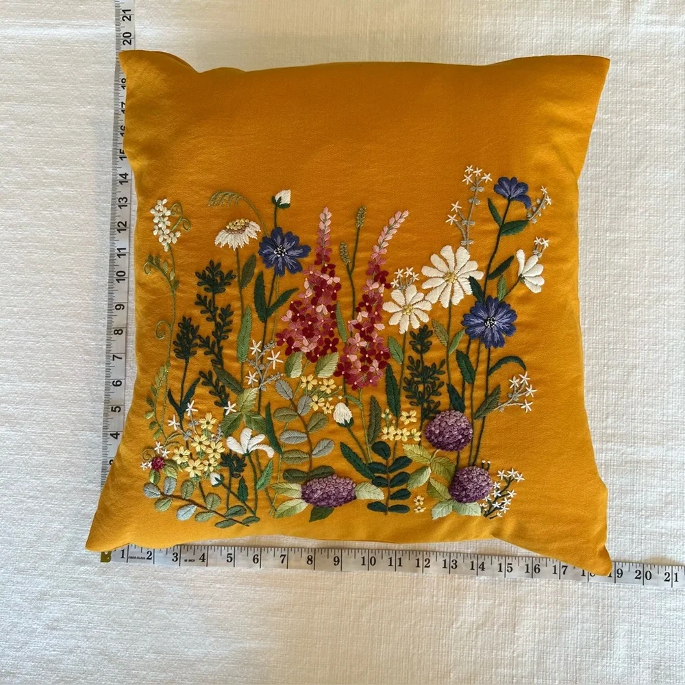 Handmade Floral Embroidered Marigold Colored 18” x 18” Decorative Pillow